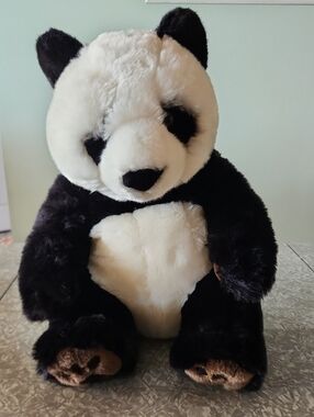 FAO Schwarz Black and White Plush Panda Stuffed Animal with Brown Paw Details